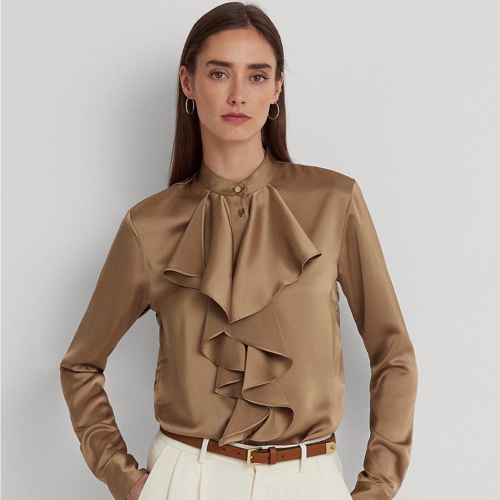 Ralph Lauren Ruffle-Trim Satin Charmeuse Shirt